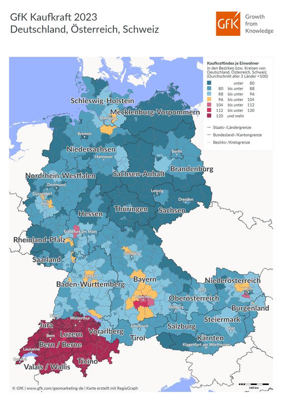 Kaufkraftverteilung im DACH-Raum 2023 (Bild: GfK)