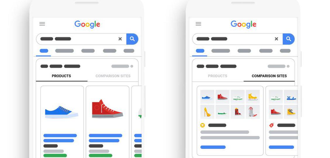 Comparison Listing Ads bei Google (rechts) stellen verschiedene Produkte von einer Vergleichsseite im Rahmen einer Ad nebeneinander. Die bisher gewohnte Ansicht stellt verschiedene Produkte nebeneinander, die mal von einem Shop, mal von einem Vergleicher, mal von Google stammen (links). (Bild: Google/ Emerce)